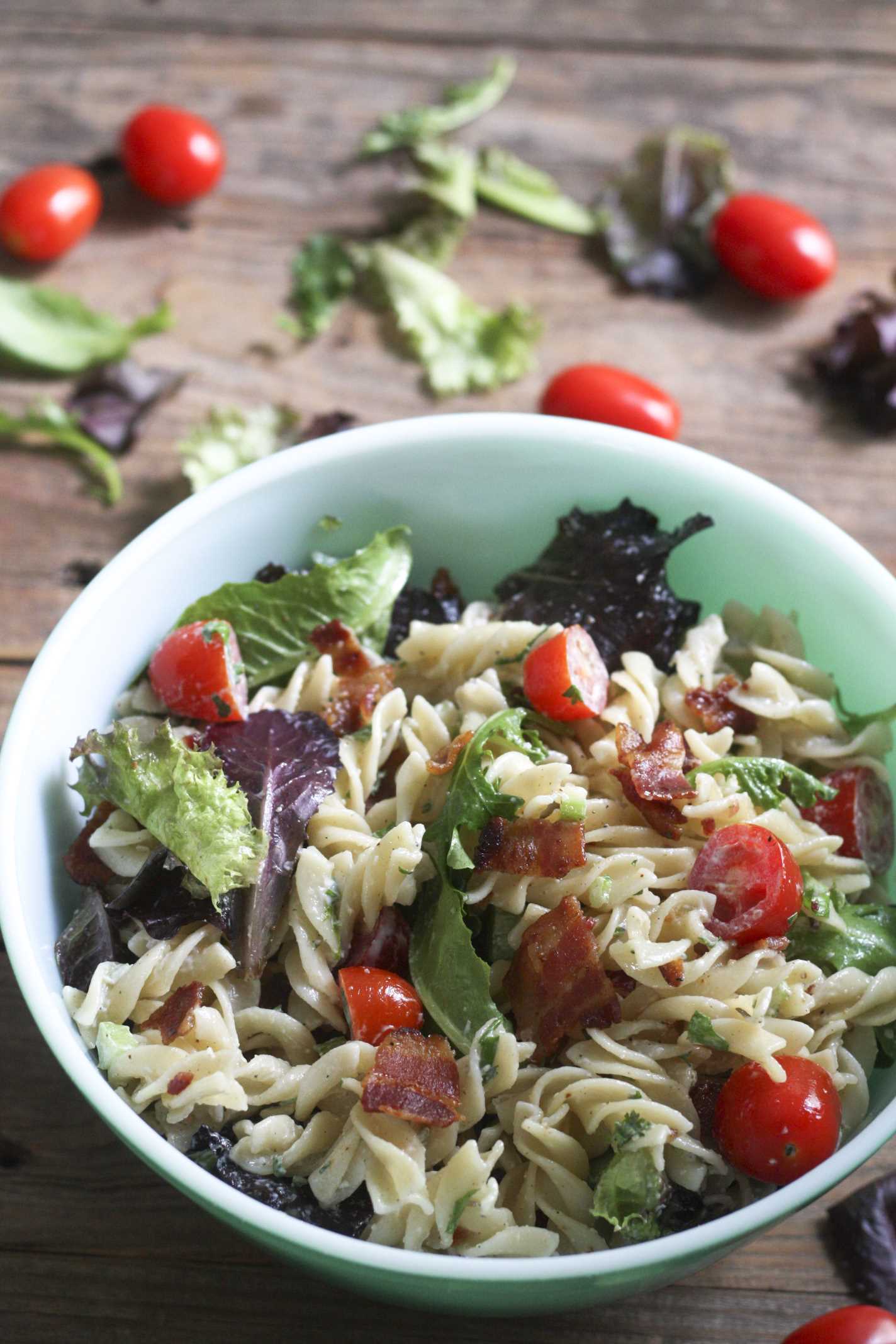 BLT Pasta Salad on barnwood board