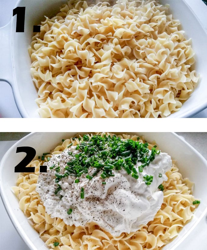 cooked egg noodles in casserole. Additional ingredients added to noodles.