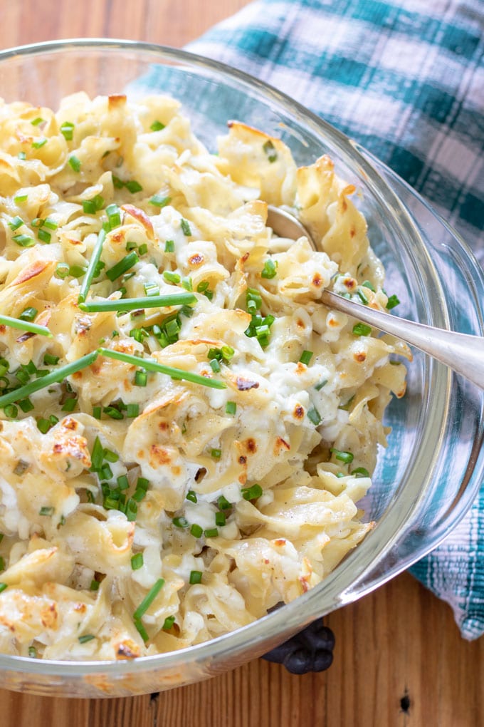 crispy topped casserole in clear dish