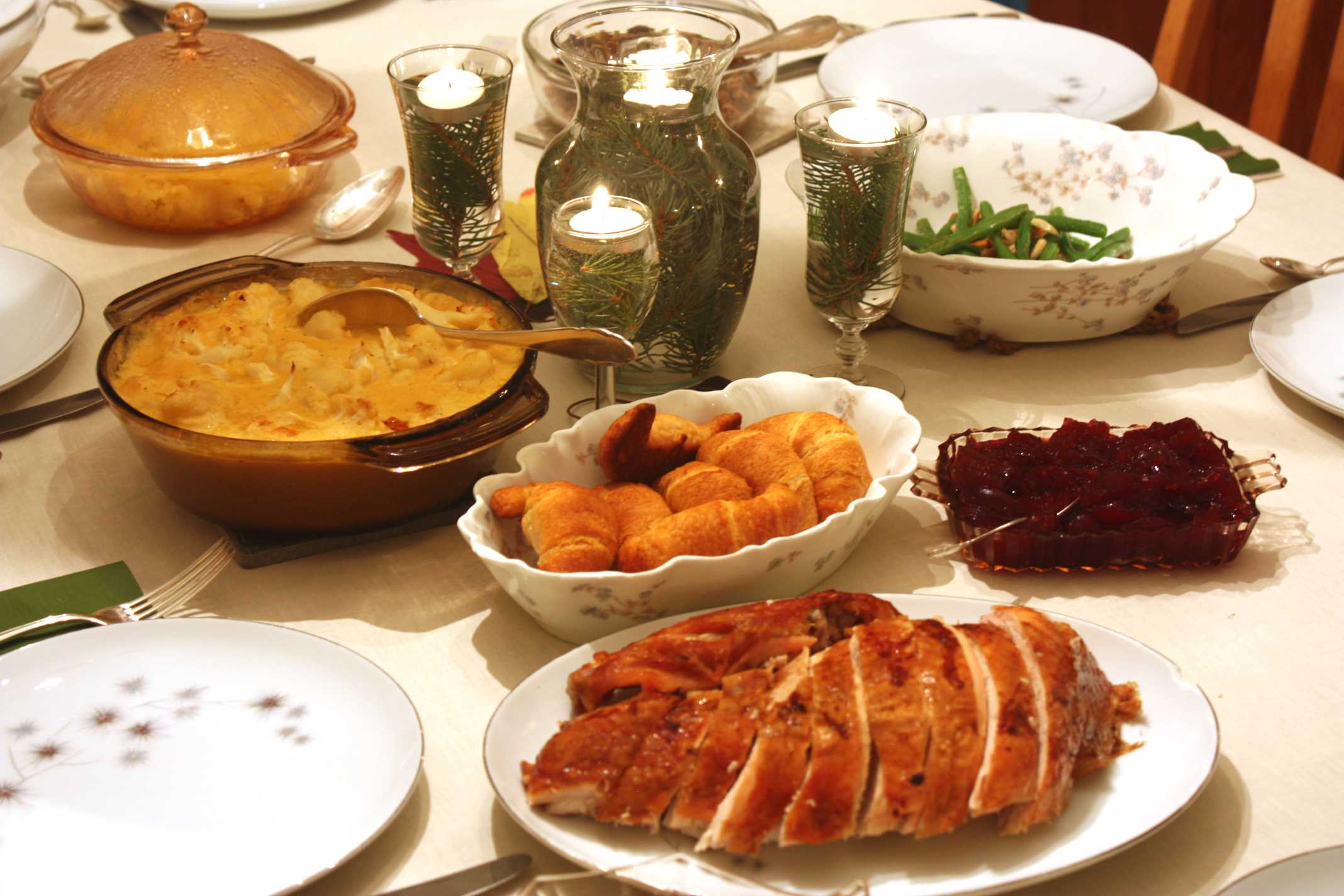 Table set with all of the dishes just before serving
