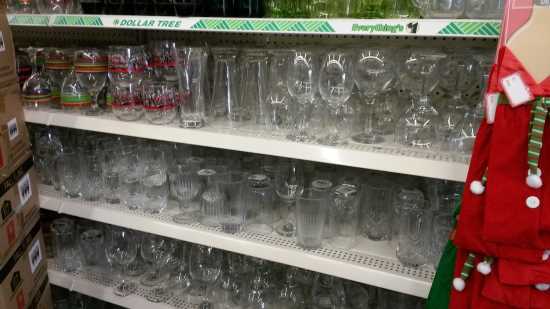 dollar store shelves showing great glass ware for centerpieces