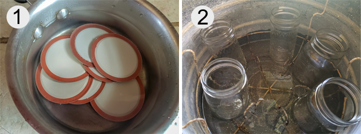 Lids in small pan. Jars in canning pot.
