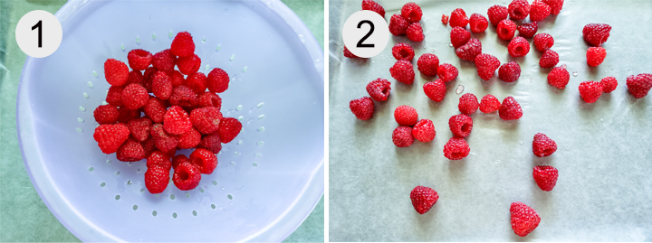 Rinsed raspberries in colander. Raspberries spread out on waxed paper