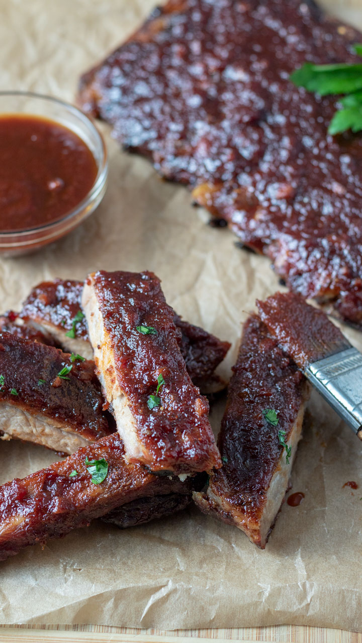 Close up of ribs on paper.