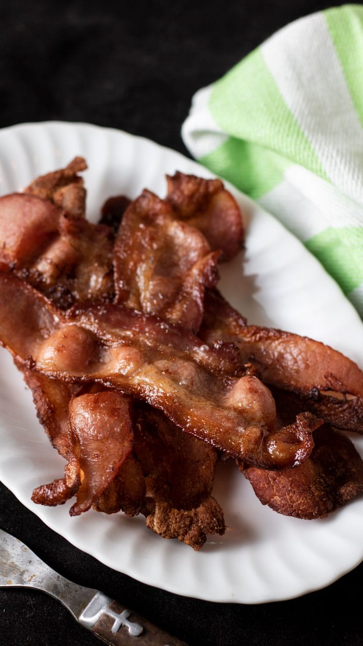 Close up of air fryer bacon.