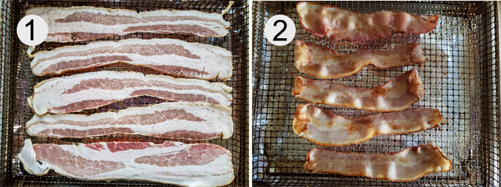 Package of bacon. Raw bacon on air fryer basket. Half baked bacon.