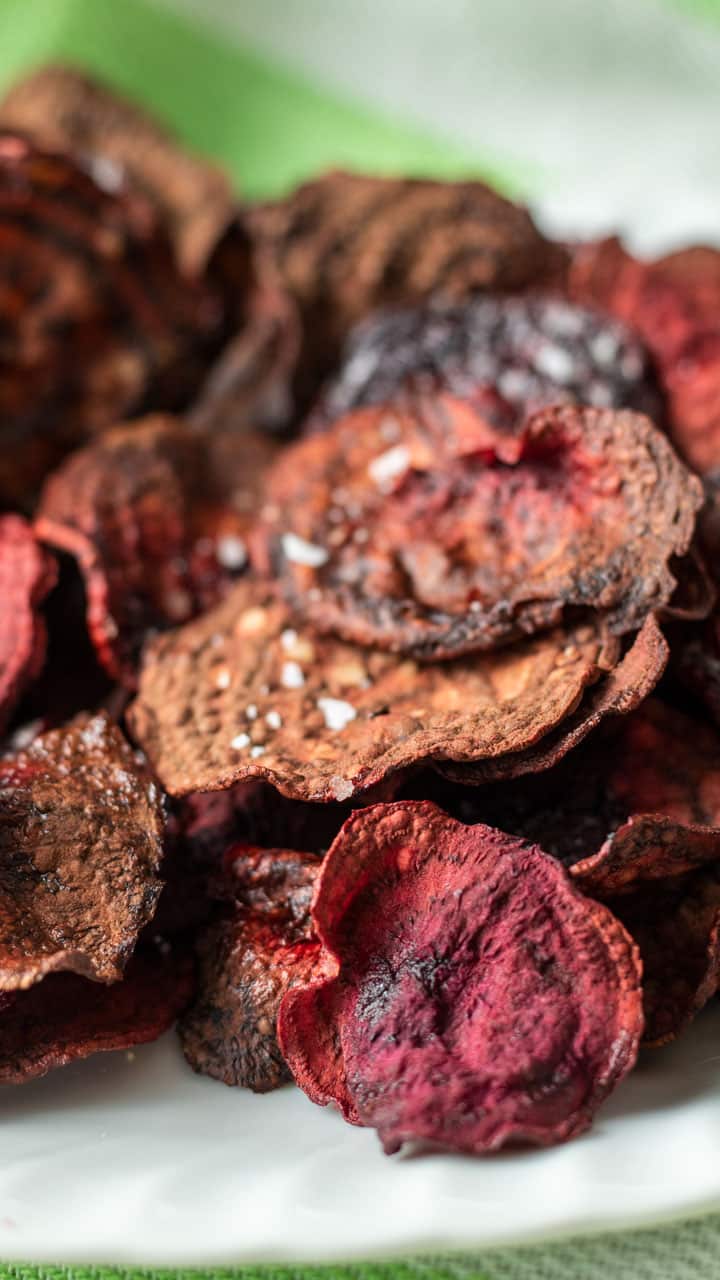 close up of beet chips with salt.