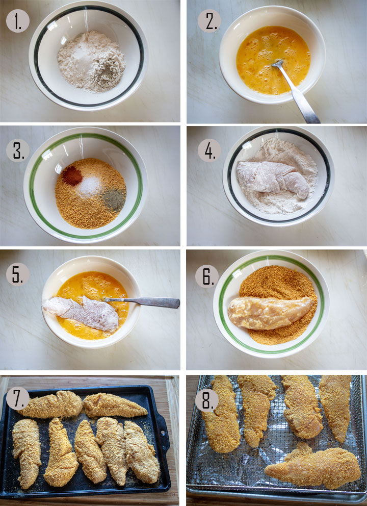 Flour mixed with salt and pepper in bowl. Eggs cracked in another bowl.