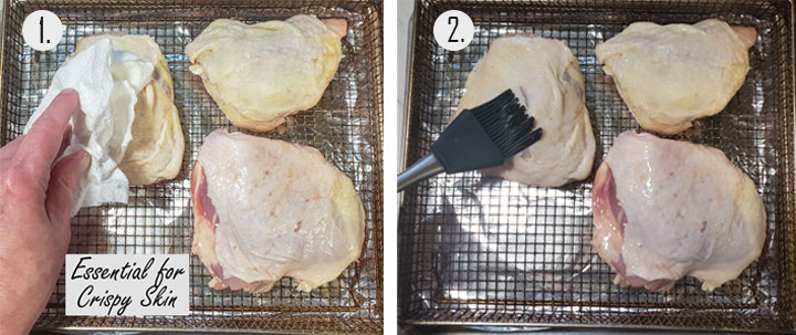 Drying chicken with paper towel. Brushing chicken with oil.
