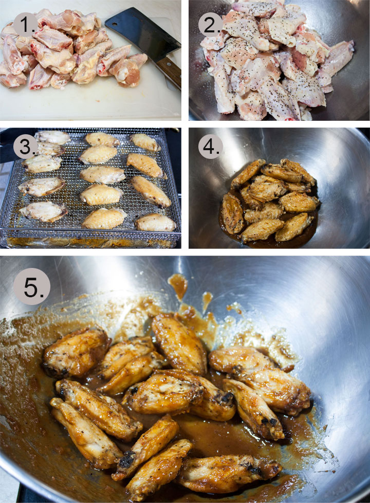 Trimmed chicken wings with cleaver on board. Chicken wings in bowl with salt and pepper.
