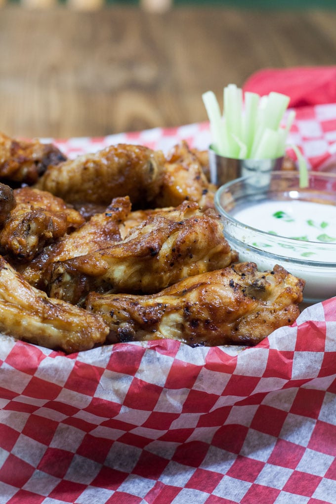Close up of crispy chicken wings.