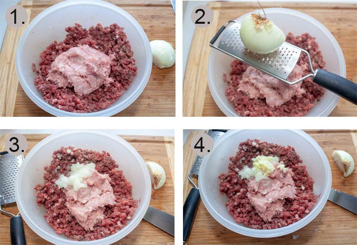 Meat added to bowl. Onion being grated over bowl.