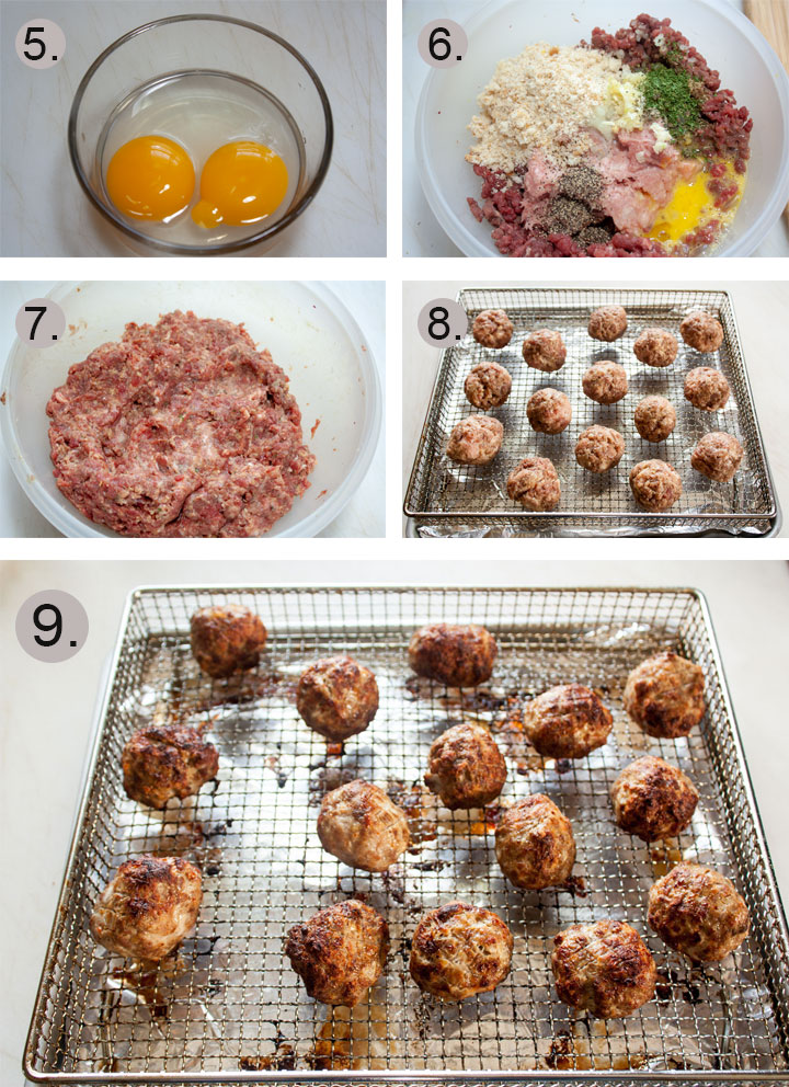  Eggs cracked in small bowl. All ingredients added to meat. Meatballs mixed up bowl. Formed meatballs on air fryer rack. Meatballs mixed up bowl. Formed meatballs on air fryer rack.