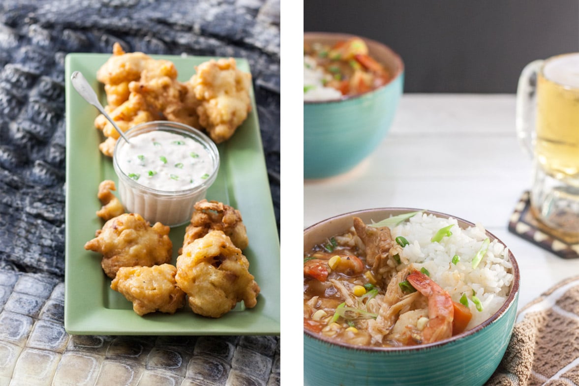 collage of both alligator recipes, hush puppies and piquant