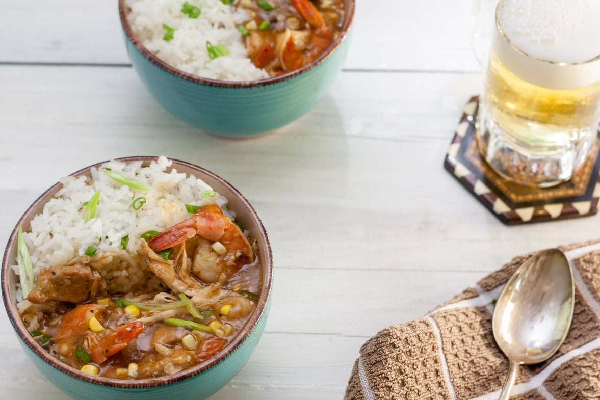 alligator recipes - piquant in blue bowl with rice