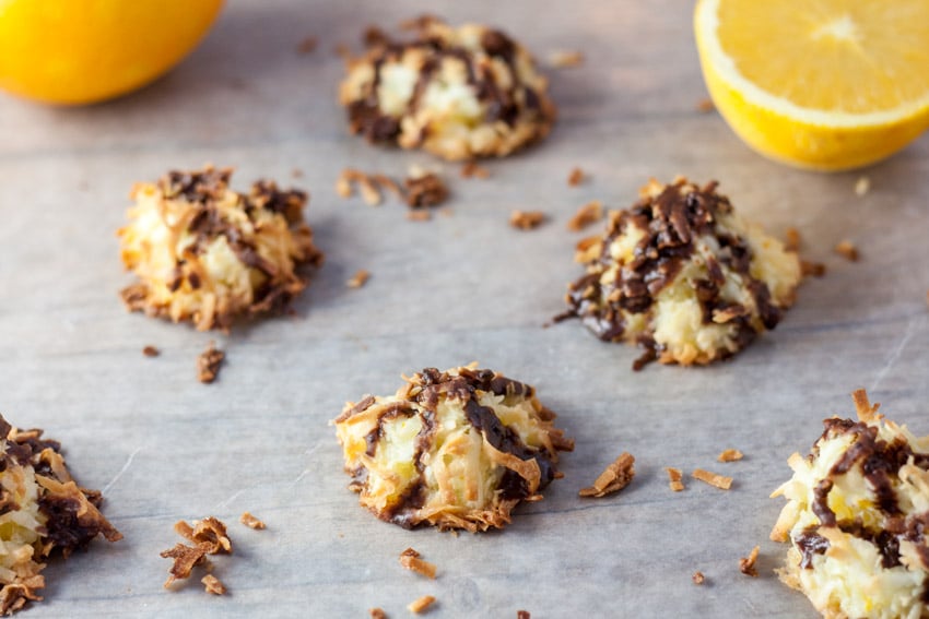 Golden brown ambrosia macaroons with oranges