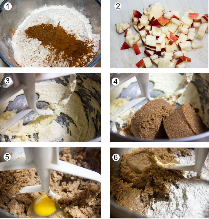 Dry ingredients mixed in bowl. Diced apples. Creamed butter in mixer bowl. Sugar added to butter. Egg added to creamed sugar. Dry ingredients incorporated to wet.