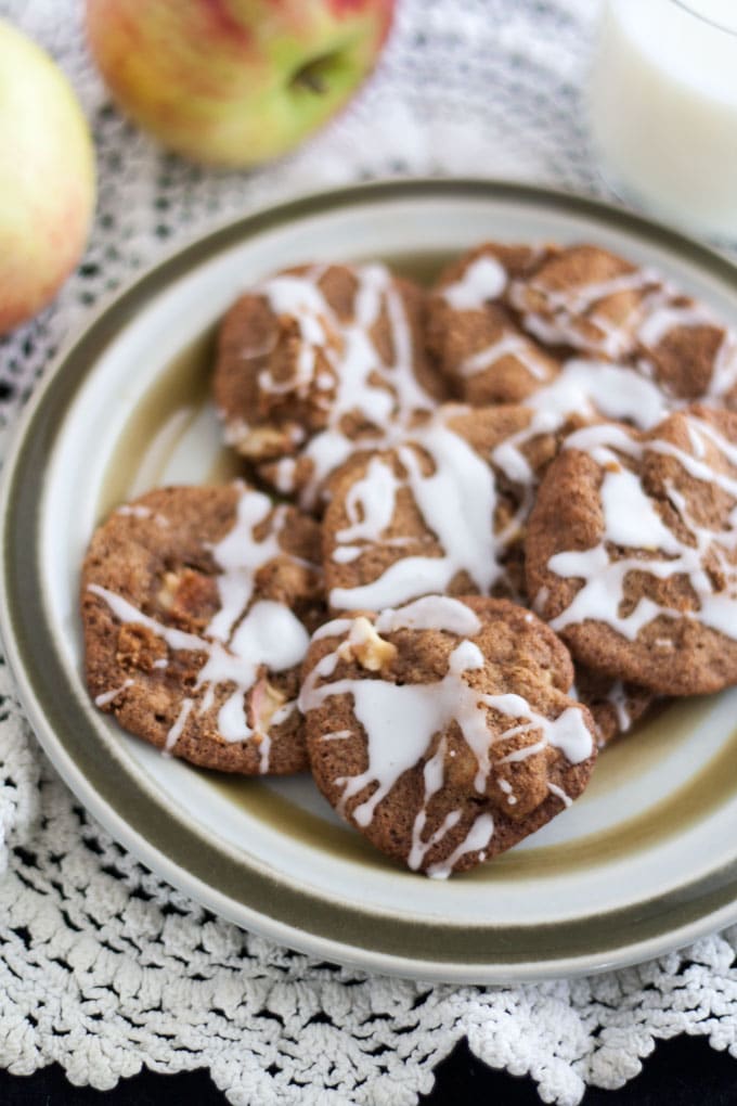 Chunky apple cookies with crotcheted doily.