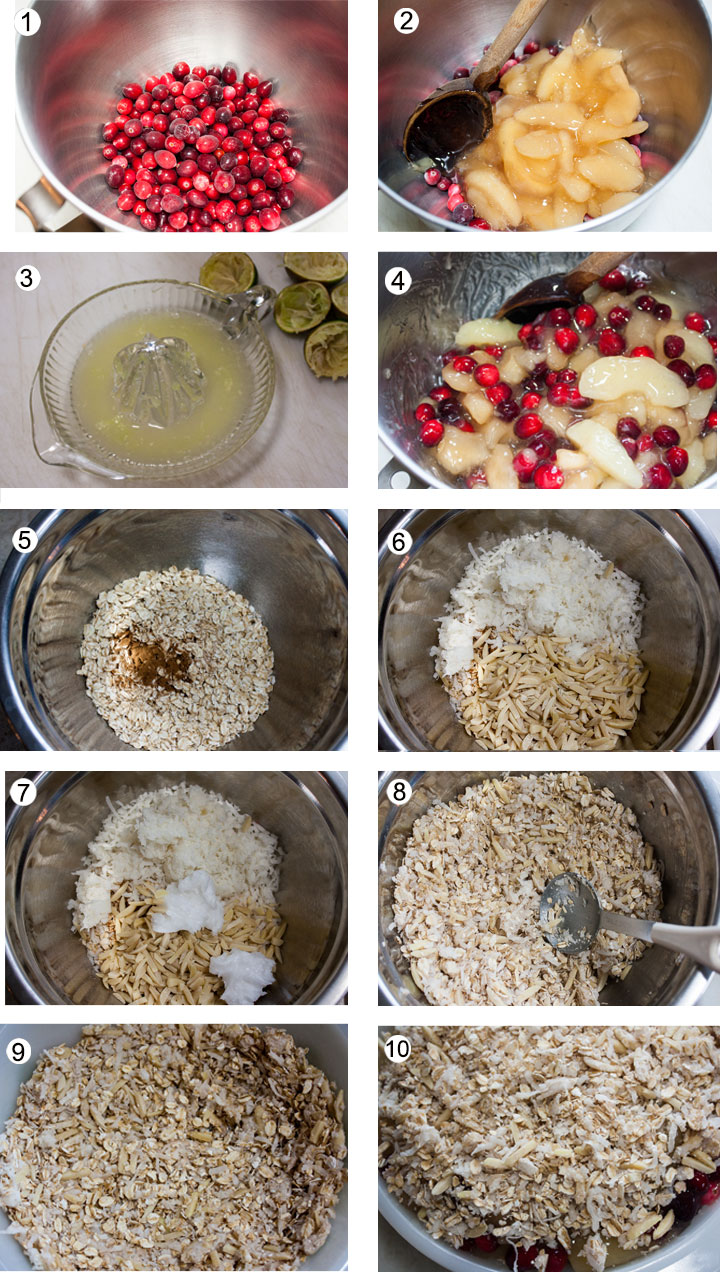 Whole cranberries in mixing bowl. Apple pie filling mixed with cranberry. Juiced lime juice. Mix lime juice with fruit. Oats mixed with spices. Coconut and almonds added to bowl. Coconut oil added to topping. Topping mixed well. Some of the oat mixture pressed into bottom of casserole. Fruit added to casserole. Topping added to top of fruit.
