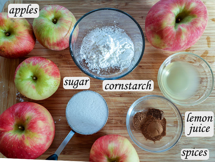 Ingredients for filling- apples, cornstarch, sugar, lemon juice and spices.