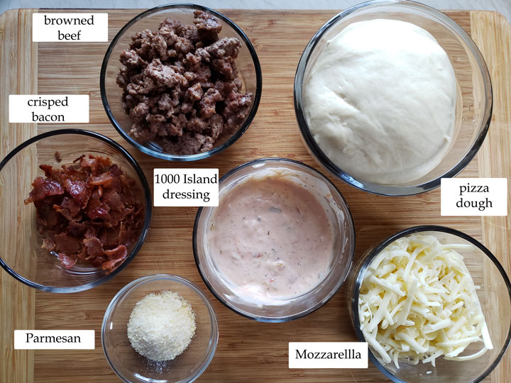 photo of ingredients for bacon cheeseburger pizza photo of ingredients for bacon cheeseburger pizza