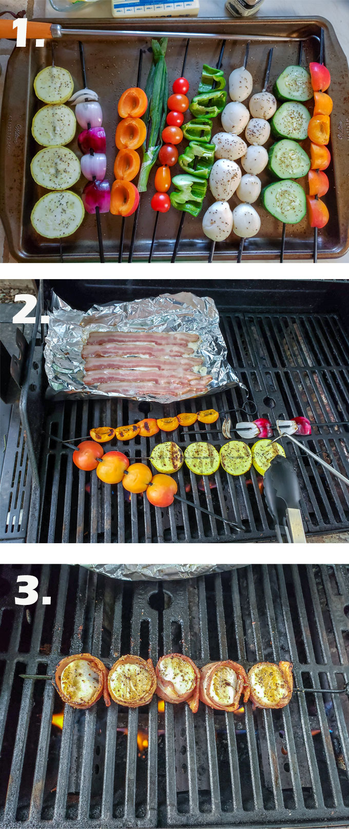 Vegetables on skewers. Bacon on tin foil. scallops wrapped in bacon.