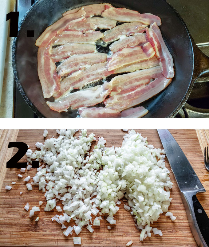 bacon in cast iron frying pan. Onions chopped on board.