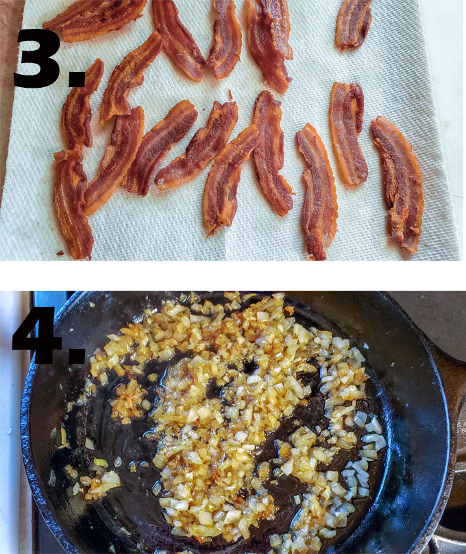Crisp bacon on paper towel. Onions sauteing in pan.