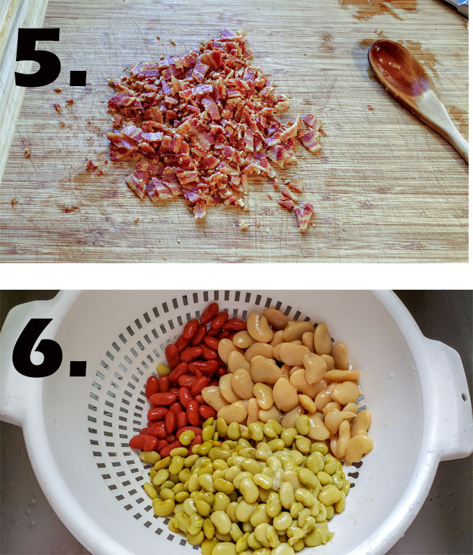 Bacon minced on board. Beans drained in colander.