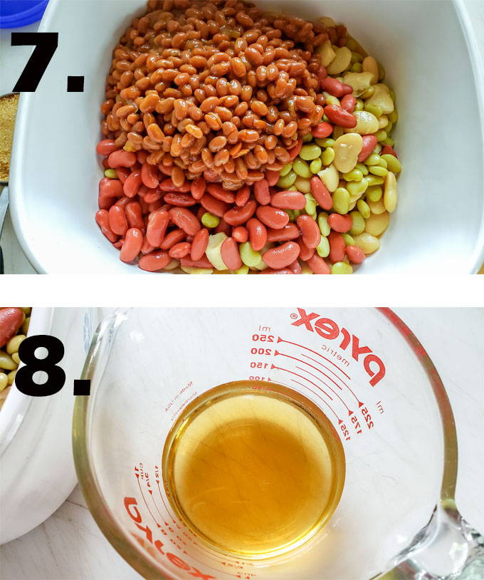 All beans in casserole. Vinegar measured in cup.