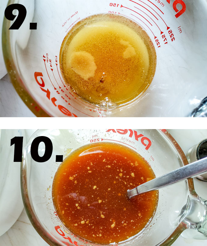 Sugar and spices added to vinegar. Vinegar mixed up in cup.
