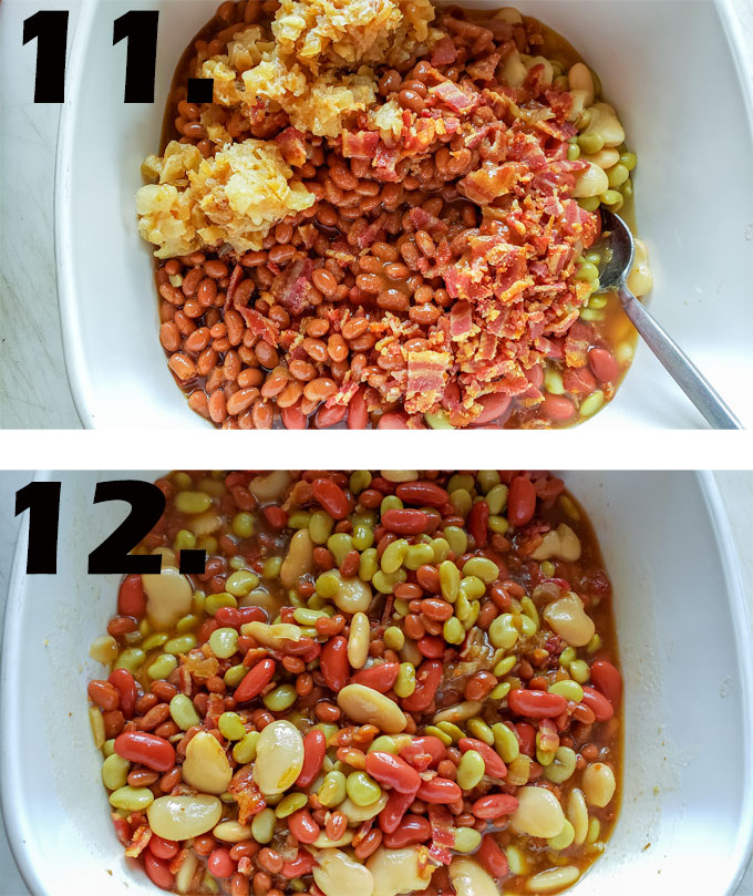 Bacon and onion added to beans. Vinegar mixture added to beans.