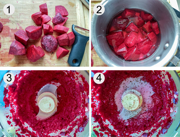 chopped beets. Beets in pan with water. Beets in food processor. Finished puree in food processor.