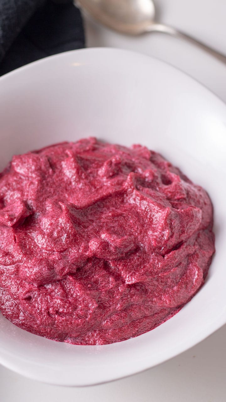 Beet puree in white serving bowl.