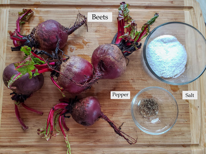 Ingredients for beet puree on cutting board.