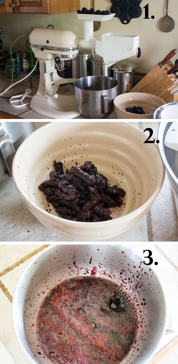 Deseeding blackberries with Kitchenaid. Blackberry seeds in bowl. Blackberry juice.
