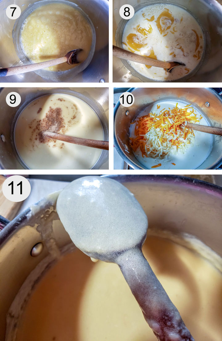 Milk warming in another pot. Flour added to melted butter. Flour and butter bubbling. Milk added to roux. Pepper and nutmeg added to sauce. Cheese added to sauce.
