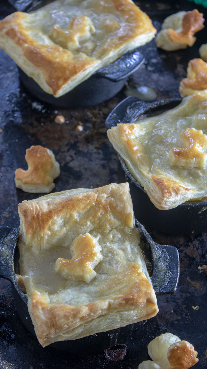 Chicken pot pies in cast iron casserole