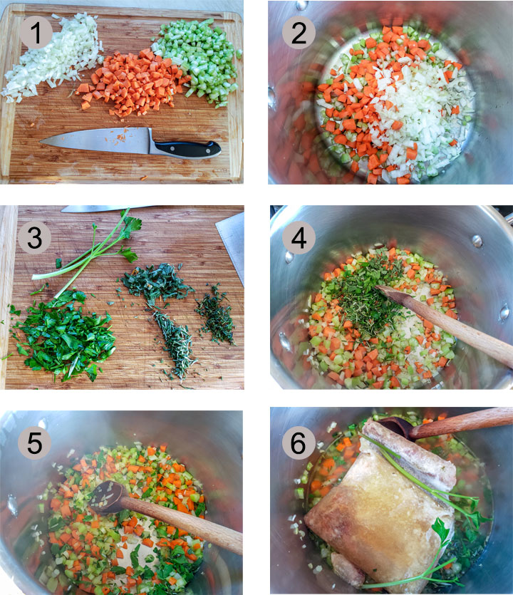 Chopped vegetables. Vegetables in pot. Chopped herbs. Herbs added to pot. Softened vegetables. Chicken stock added.
