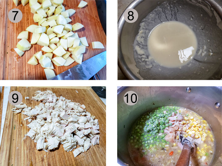 Diced potatoes. Slurry in bowl. Diced chicken. Vegetables added.