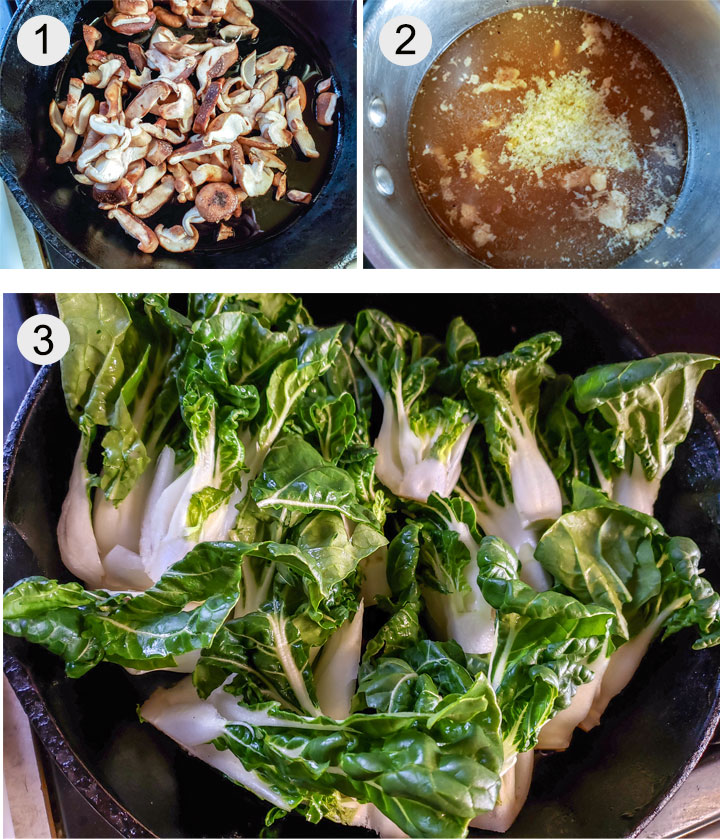 Mushrooms sauteing in pan. Chicken stock in pan. Bok Choy sauteing in pan.