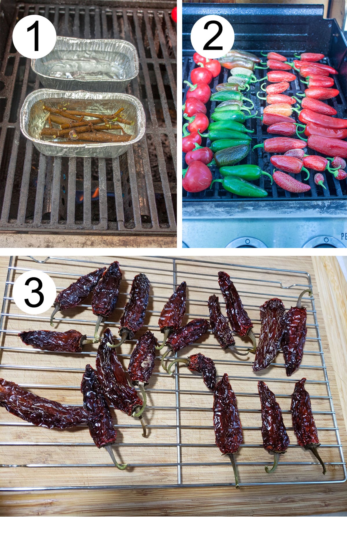 grill with wood for smoking. fresh peppers on grill rack. Fully dried peppers.
