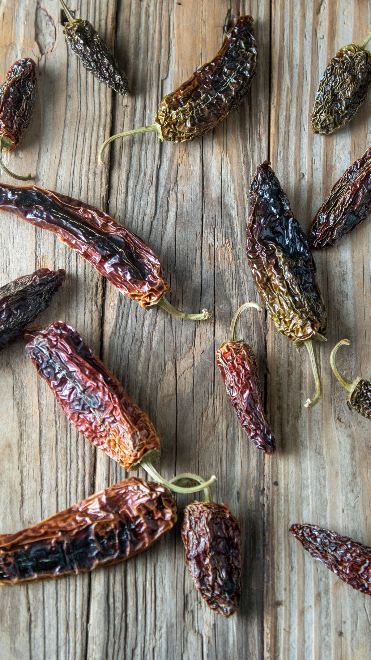 dried chipotle peppers on barnwood