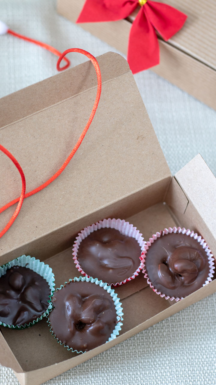 Chocolate covered peanuts in gift box.