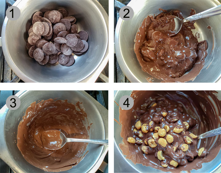 Chocolate discs in pan. Chocolate stirred, beginning to melt. Totally melted chocolate. Nuts added to chocolate.