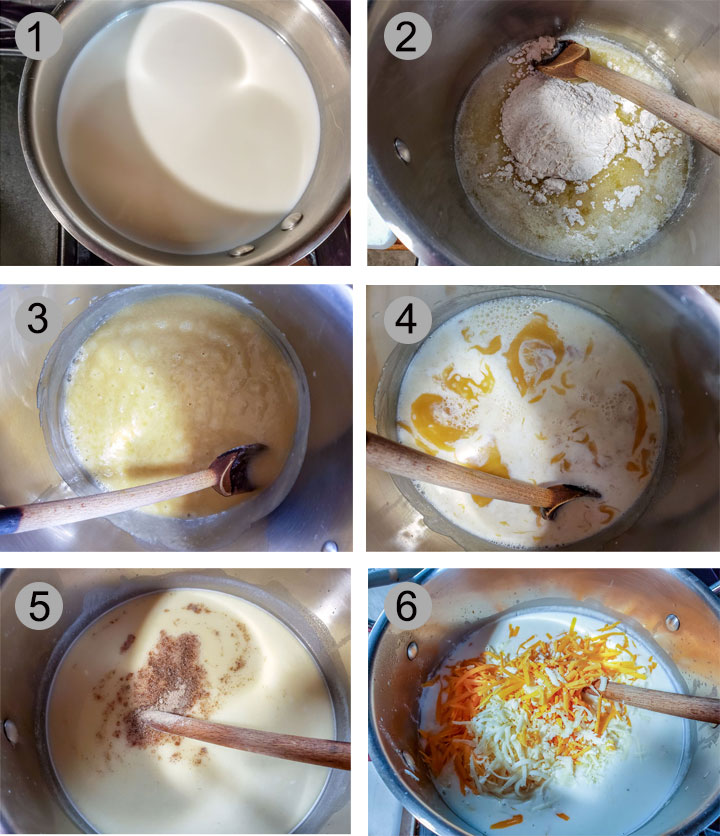 Milk in pan. Butter and flour in pan. Roux bubbling in pan. Milk added to roux. pepper added to sauce. Cheese added