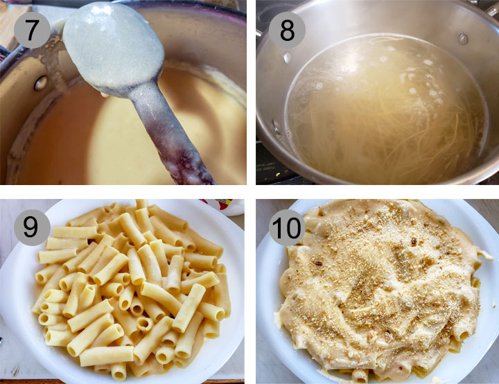 Cheese sauce coating back of spoon. Pasta in boiling water. Pasta added to casserole. Finished casserole topped with bread crumbs.