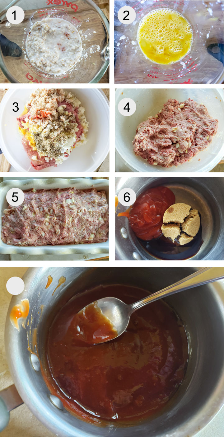 Bread crumbs soaking in milk. Whisked eggs. All ingredients with meat in bowl. Ingredients mixed together. Meatloaf in bread pan. Sauce ingredients added to pot. Sauce cooked down.