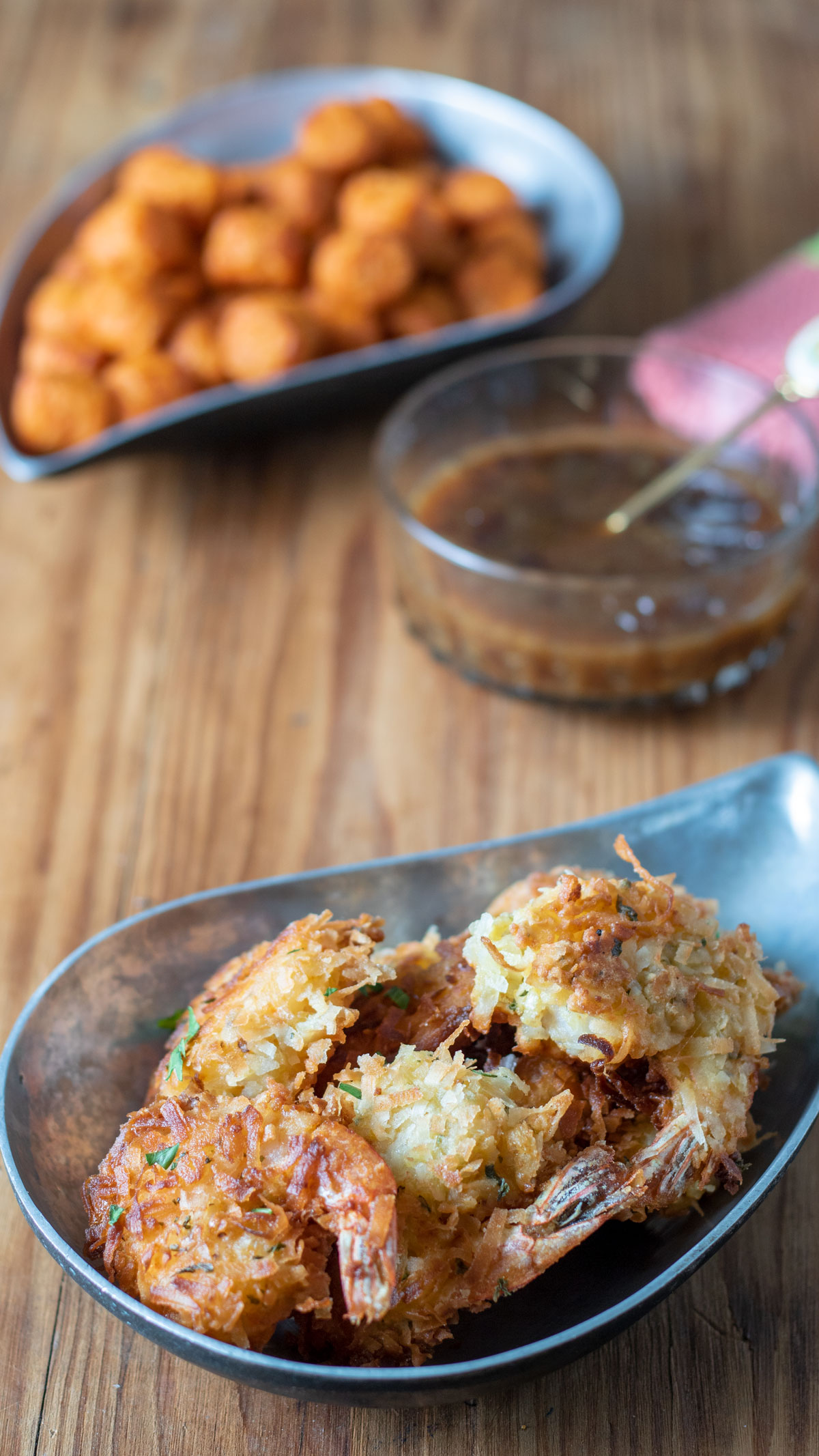 Coconut Shrimp on pewter bowls with Lemon Marmalade Dipping Sauce.