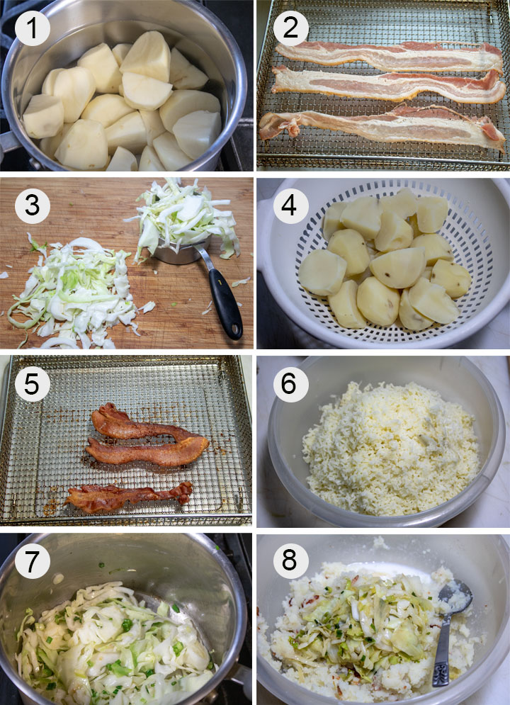 Peeled potatoes in large pot with water. Bacon on air fryer tray.